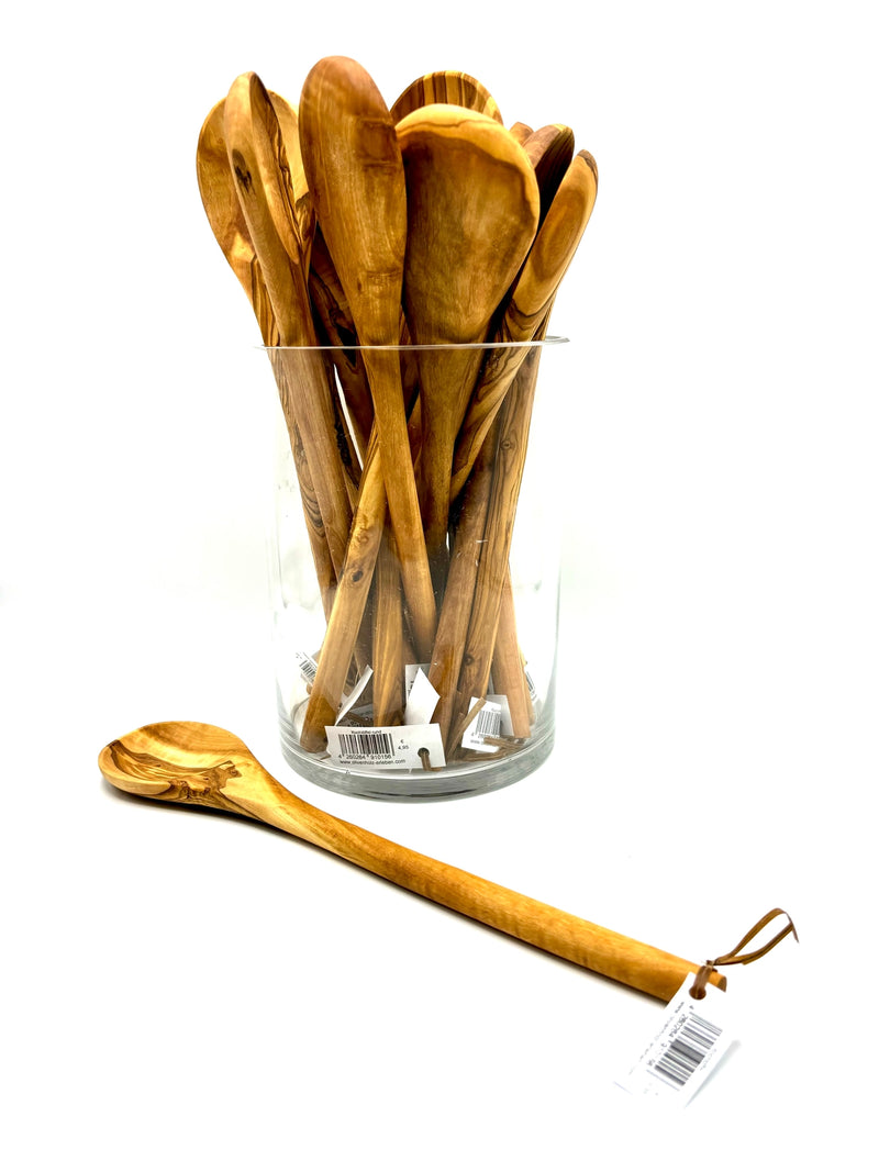 Handcrafted round olive wood cooking spoons—display jar with one spoon in front