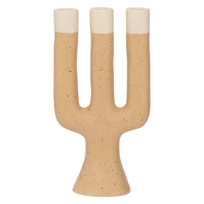 Nox three-arm candle holder in apricot with cream tips by Urban Nature Culture