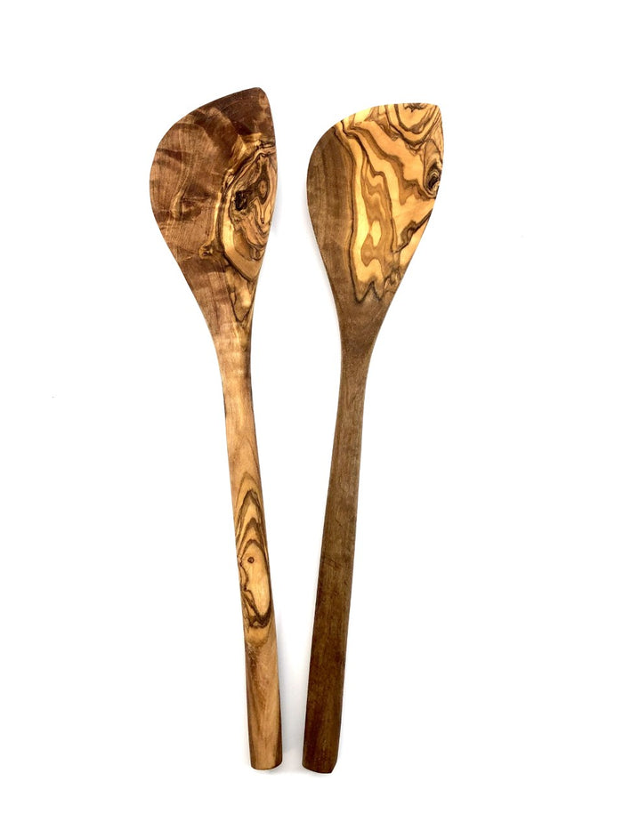 Handmade olive wood corner spoon with unique grain, perfect for everyday cooking