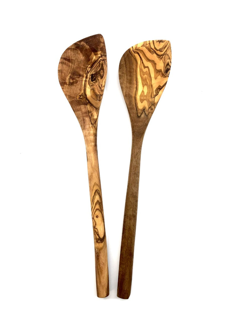 Handmade olive wood corner spoon with unique grain, perfect for everyday cooking