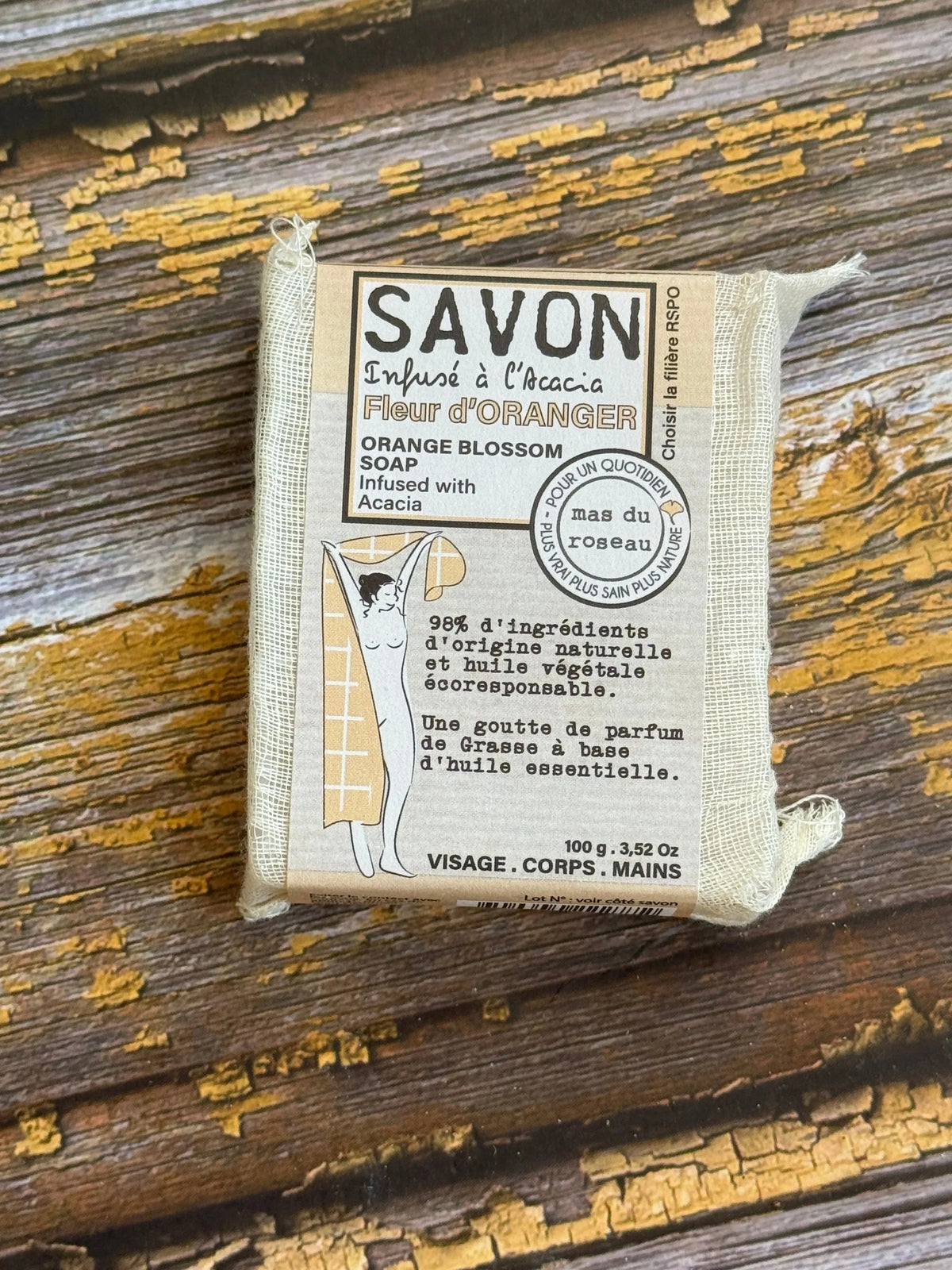 Orange Blossom and Acacia Provençal soap by Mas du Roseau wrapped in cotton gauze, 100g