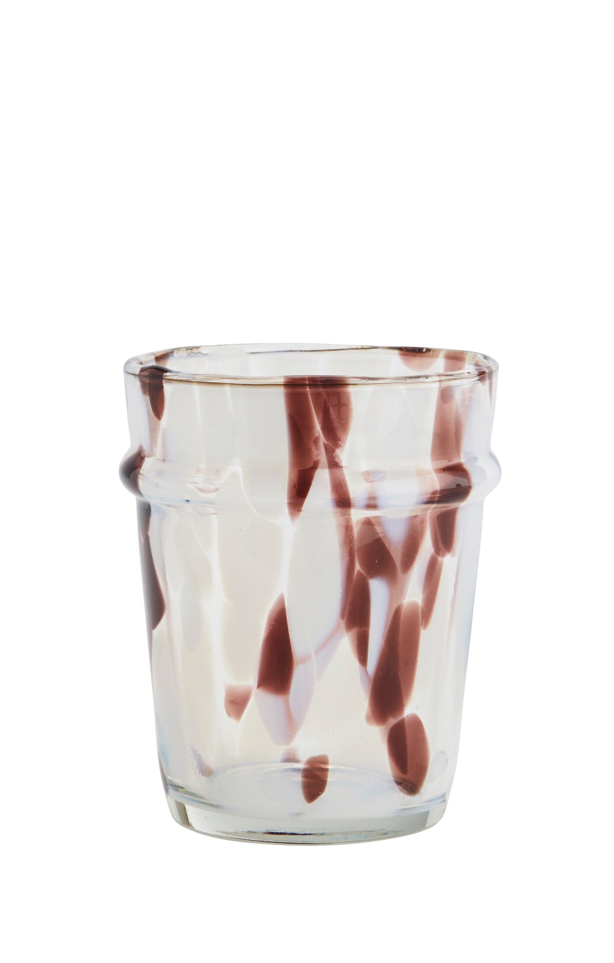 hand blown coloured drinking glass with white and brown colour spots
