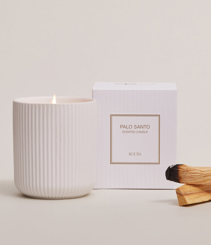 Palo Santo scented candle in white ceramic vessel with gift box and palo santo sticks
