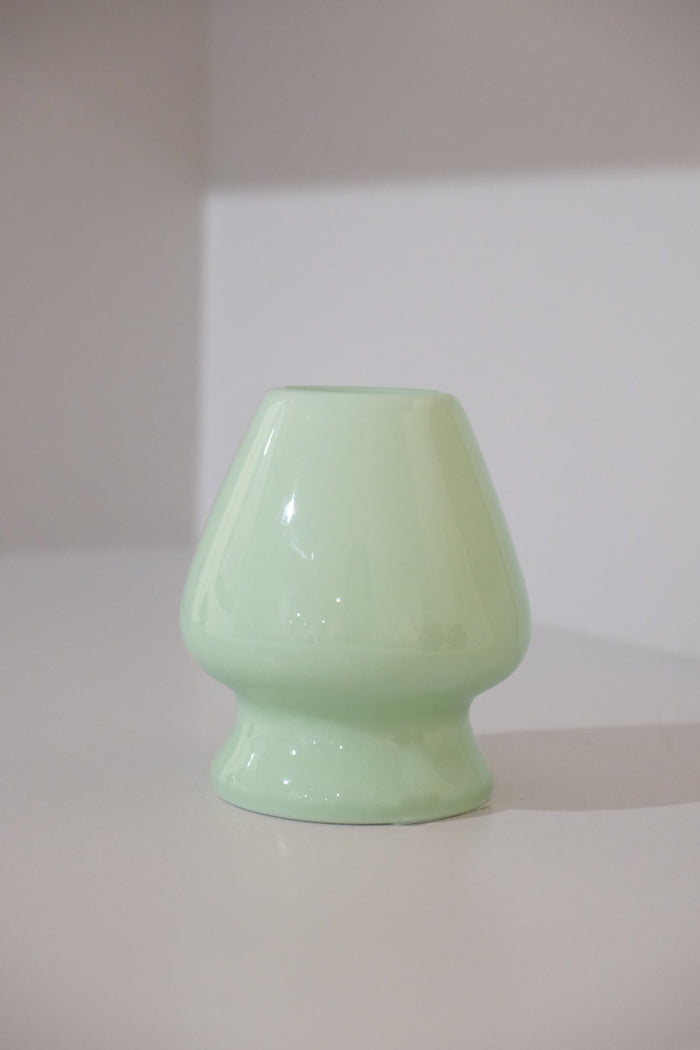 glossy pastel green ceramic chasen stand for bamboo matcha whisk
