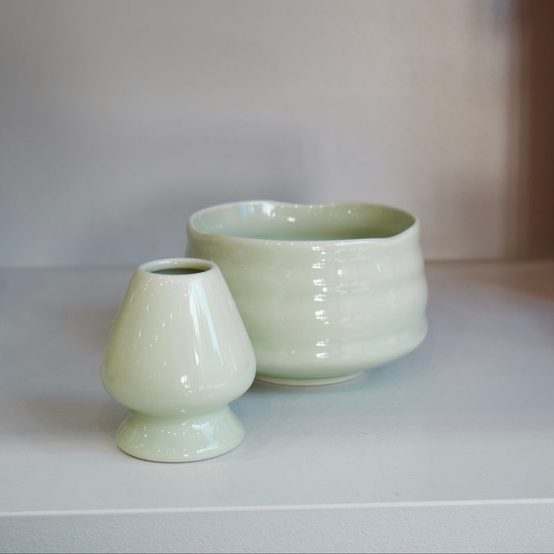 top view of handmade pastel green matcha bowl showing organic rim shape