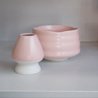 pastel pink handmade ceramic matcha bowl with soft glossy glaze
