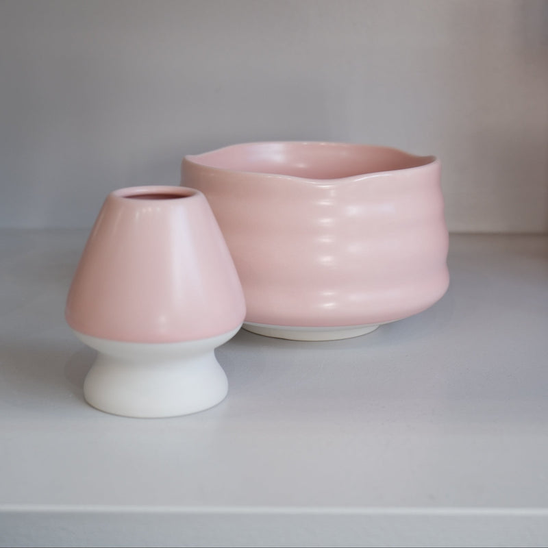 pastel pink handmade ceramic matcha bowl with soft glossy glaze