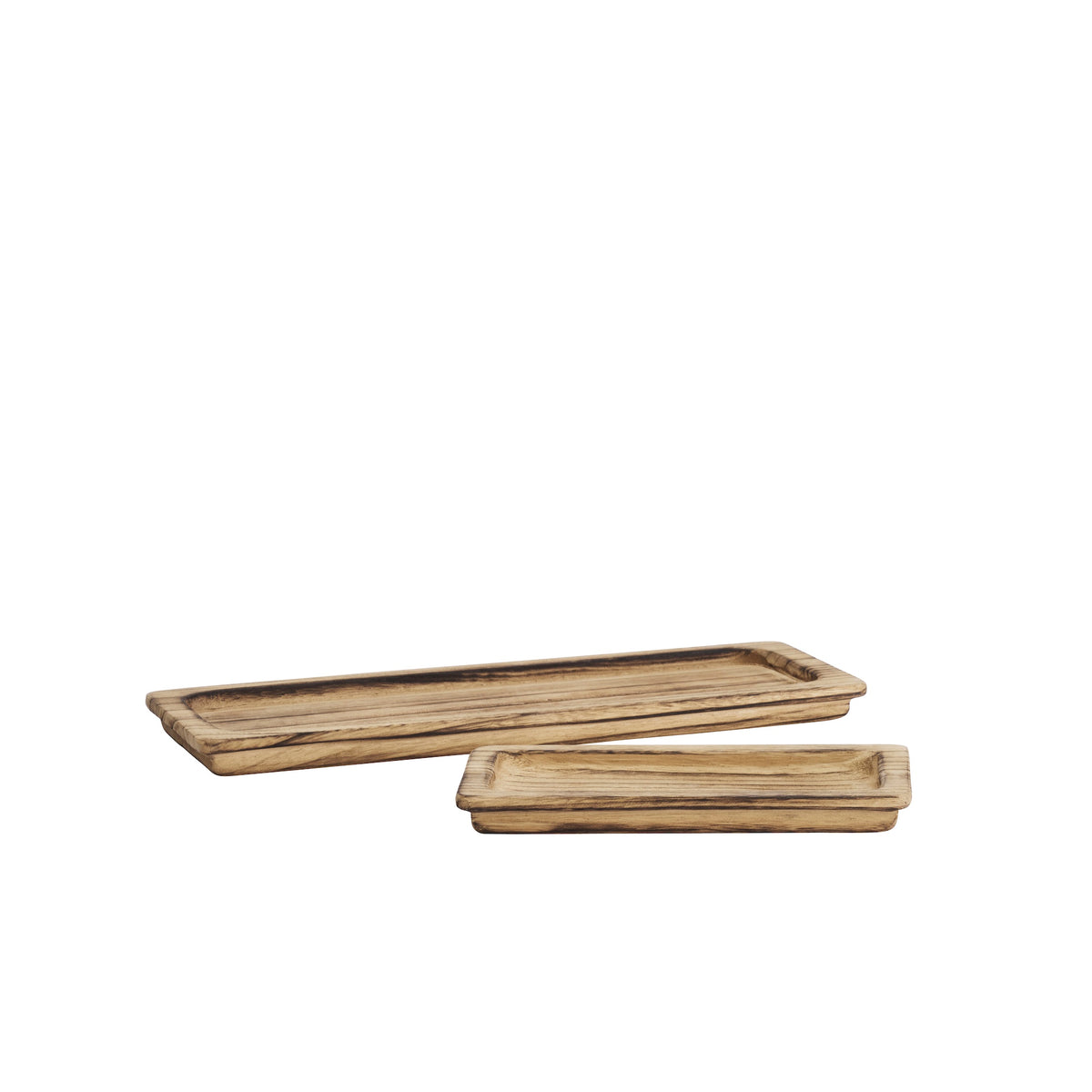 angled view of lightweight rectangular wooden trays in dark natural finish