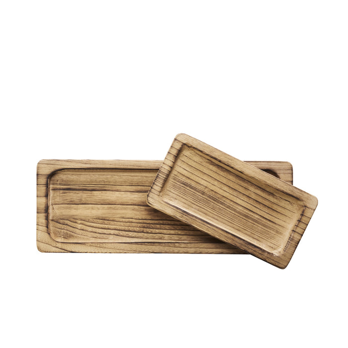 set of two rectangular paulownia wooden trays in dark natural grain overlapping