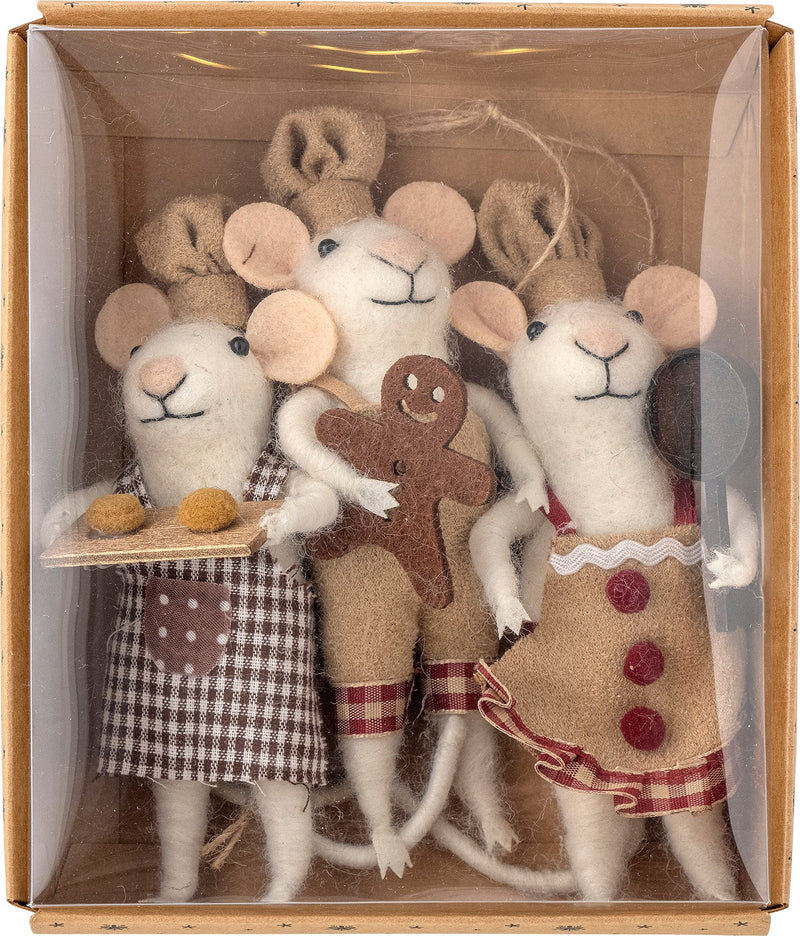 Boxed set of three wool mice Christmas ornaments by Bloomingville
