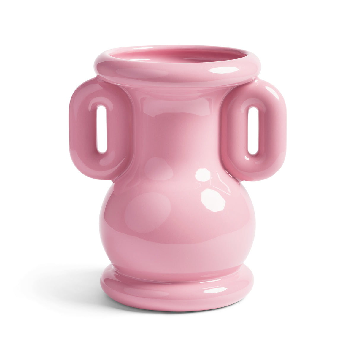 Glossy pink Amfora vase by &Klevering with twin handles and rounded body.
