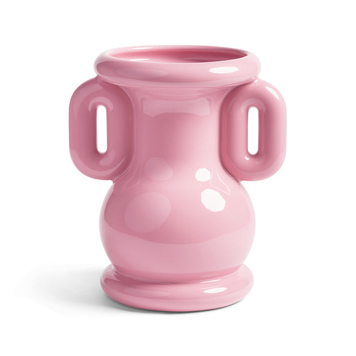 Glossy pink Amfora vase by &Klevering with twin handles and rounded body.

