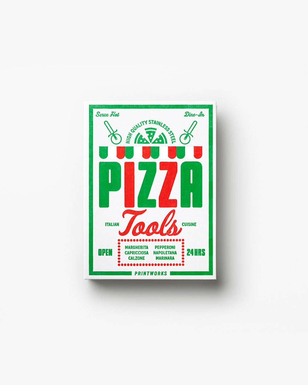 Retro-inspired Pizza Tools box in red and green