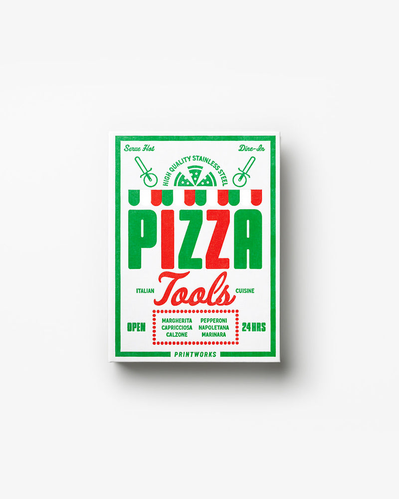 Retro-inspired Pizza Tools box in red and green