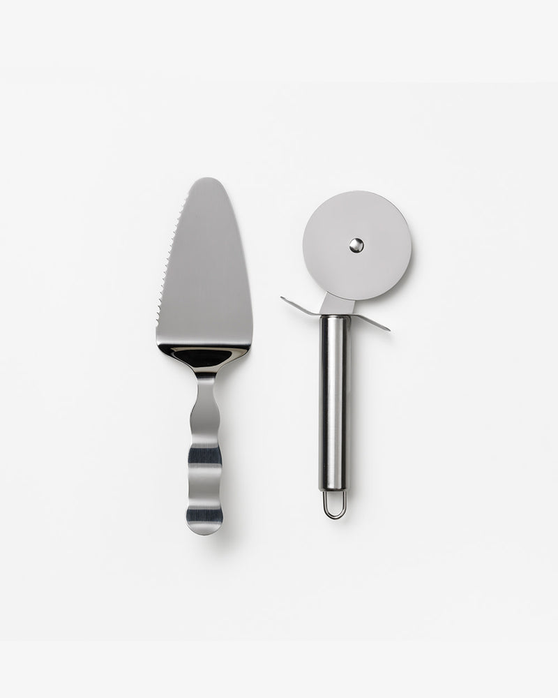 Stainless steel pizza cutter and server set