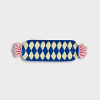  large candy-shaped ceramic plate in blue and cream diamond pattern
