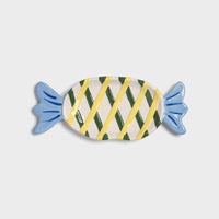 medium oval candy-shaped plate with green and yellow stripes and blue ends
