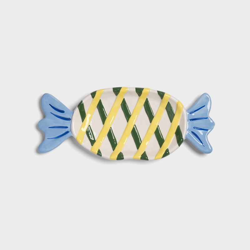 medium oval candy-shaped plate with green and yellow stripes and blue ends
