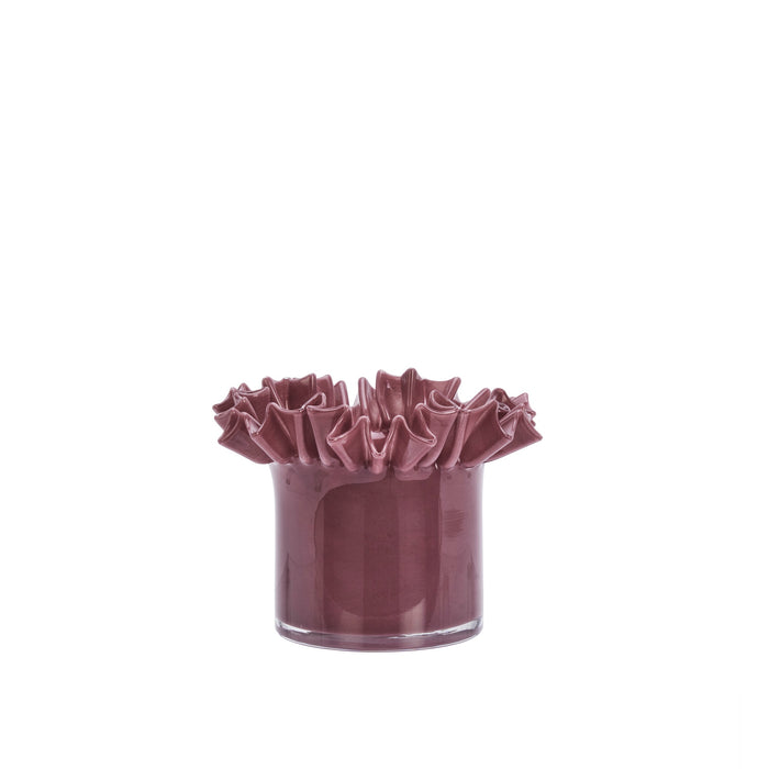 plum ruffle rim glass flower pot on white background
