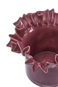 plum glass flower pot with sculptural ruffle edge
