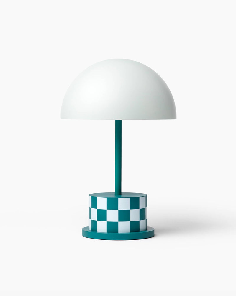 product image of the Riviera portable lamp in teal and white checkers
