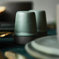 Nordic green ceramic seasoning shakers with speckled finish