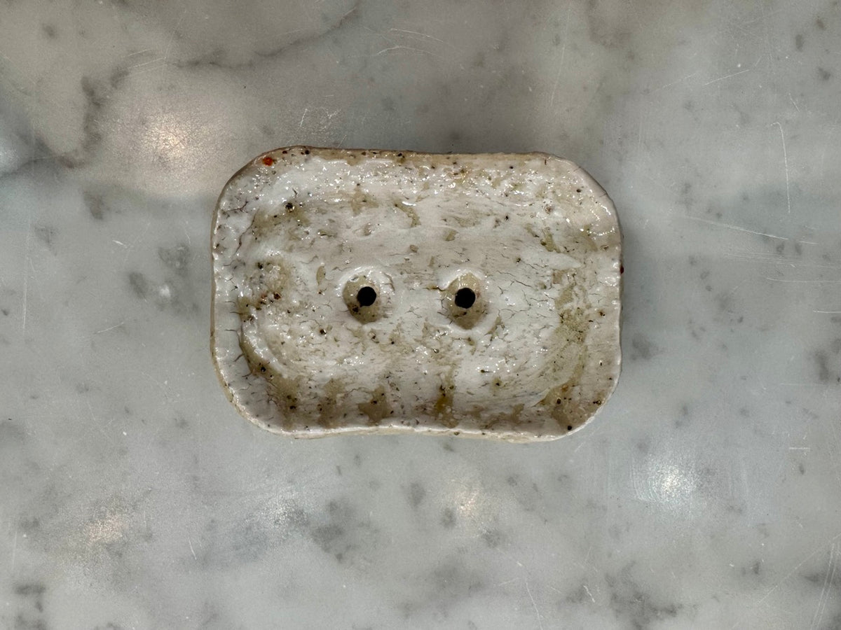 Rectangular handmade soap dish with speckled glaze and drainage holes by Lee Simmonds