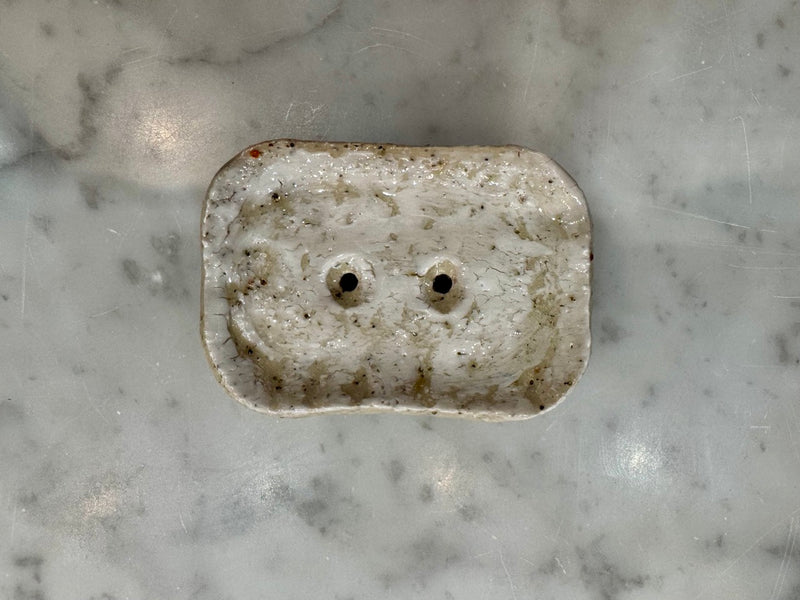 Rectangular handmade soap dish with speckled glaze and drainage holes by Lee Simmonds