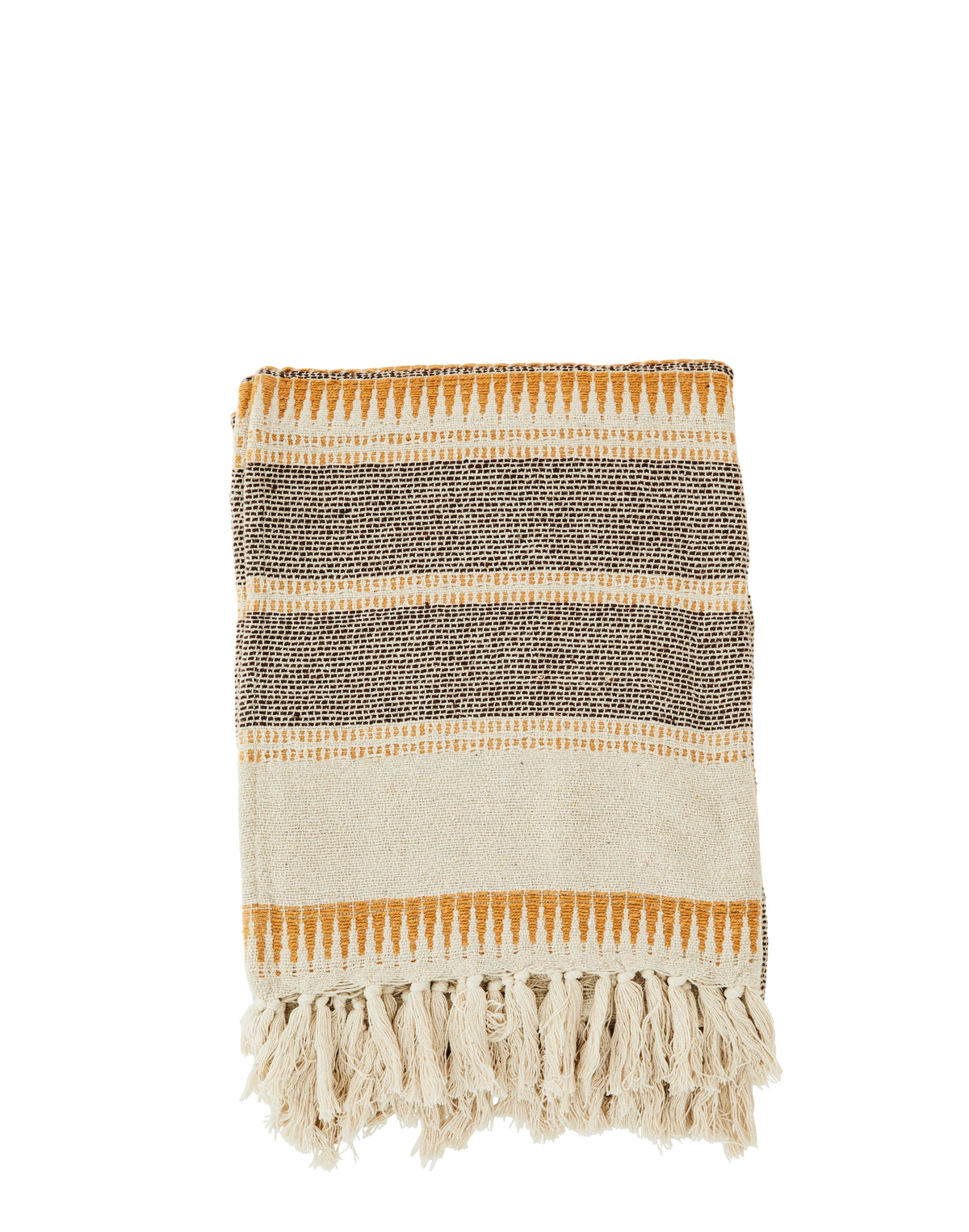 Folded recycled cotton throw with striped ecru, brown and honey pattern and tasselled edge
