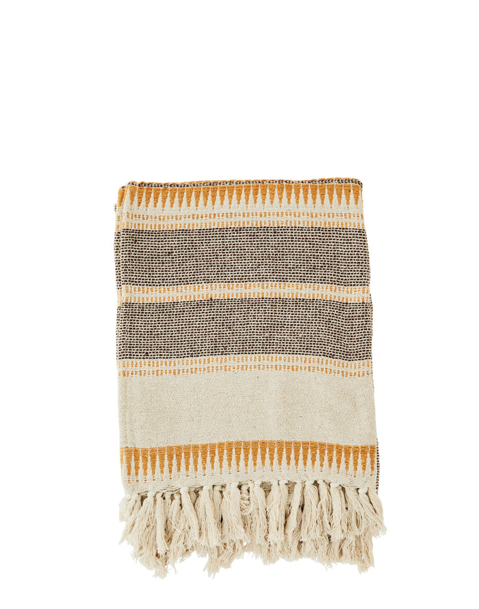 Folded recycled cotton throw with striped ecru, brown and honey pattern and tasselled edge
