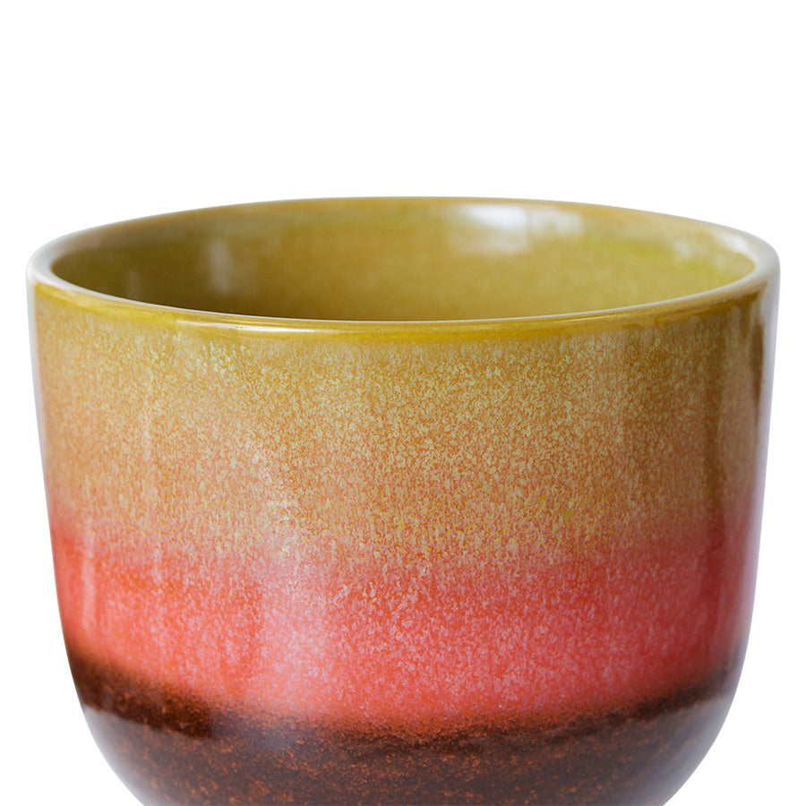 Retro ceramic flower pot in lime green, coral and brown glaze by hkliving