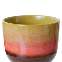 Retro ceramic flower pot in lime green, coral and brown glaze by hkliving