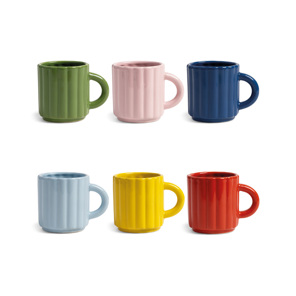 Collection of colourful ribbed mugs by &klevering n red, yellow, blue, pink, and green