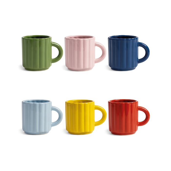 Collection of colourful ribbed mugs by &klevering n red, yellow, blue, pink, and green