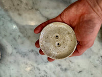 Round handmade soap dish with natural glaze and drainage holes by Lee Simmonds