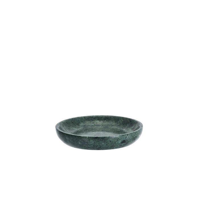 round dark green marble tray side profile showing depth and polished edges
