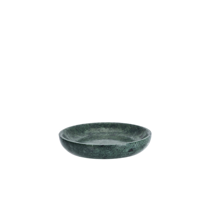 round dark green marble tray side profile showing depth and polished edges

