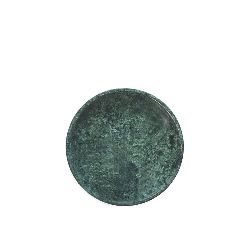 round dark green marble tray hand-carved with natural veining top view
