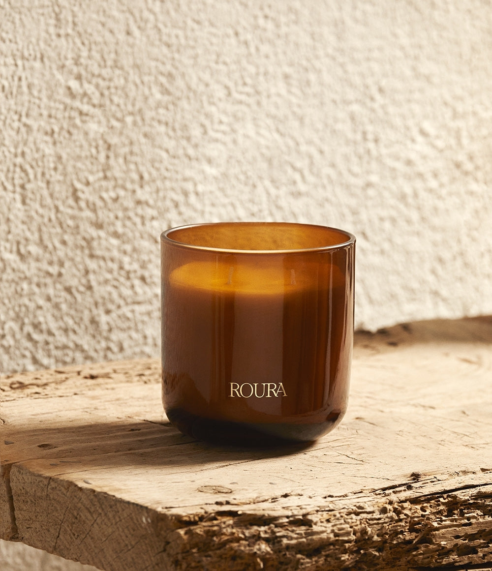 Royal Amber single wick candle in amber glass, warm woody fragrance