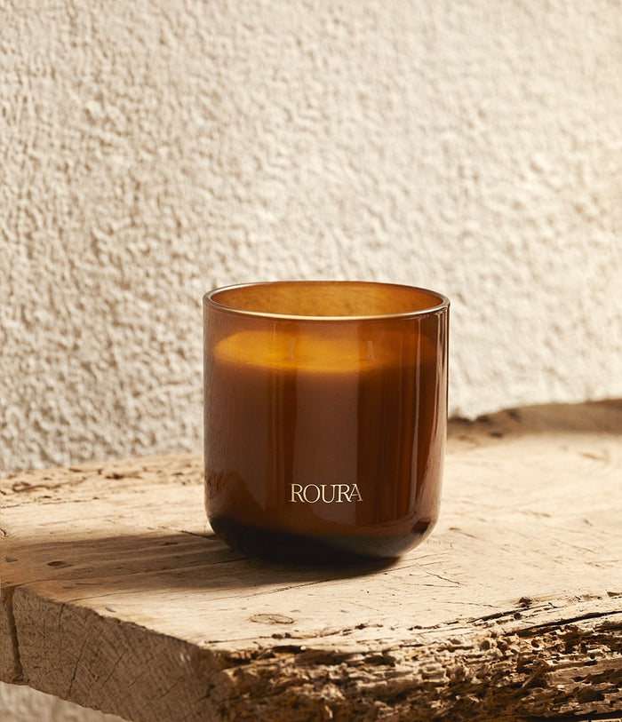 Royal Amber single wick candle in amber glass, warm woody fragrance