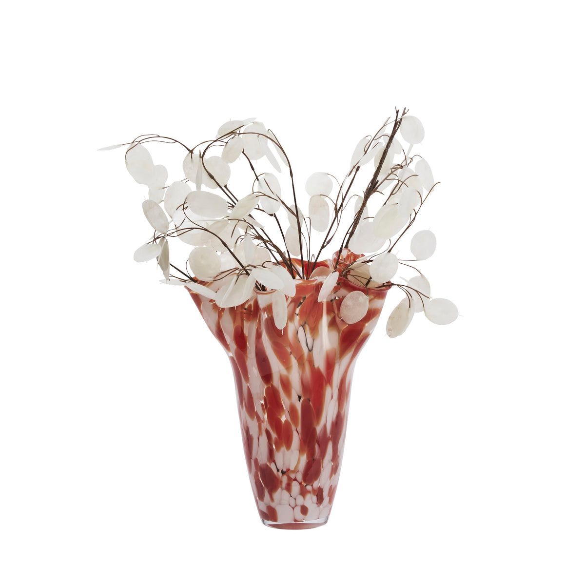 cutout image of large rust and white marbled glass vase with wavy rim

