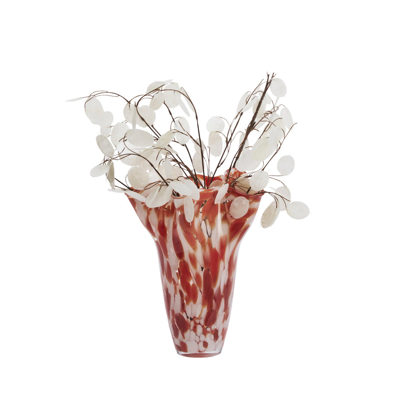 cutout image of large rust and white marbled glass vase with wavy rim
