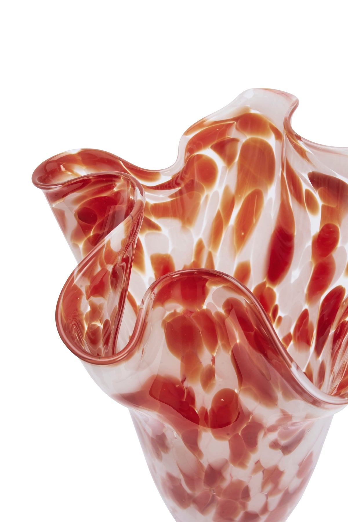 close-up of flowing sculptural rim and marbled glass pattern in rust and white
