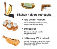 Wooden kitchen items with text highlighting properties like durability, antibacterial nature, and natural sourcing.