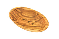 Handmade olive wood oval soap dish with drainage holes 12–14cm