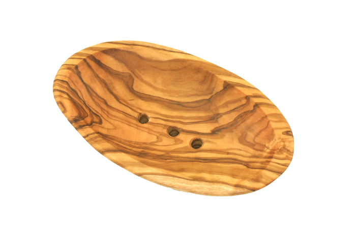 Handmade olive wood oval soap dish with drainage holes 12–14cm
