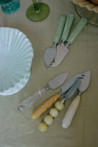 Sage green cheese knives set by hkliving on linen table – modern tableware styling