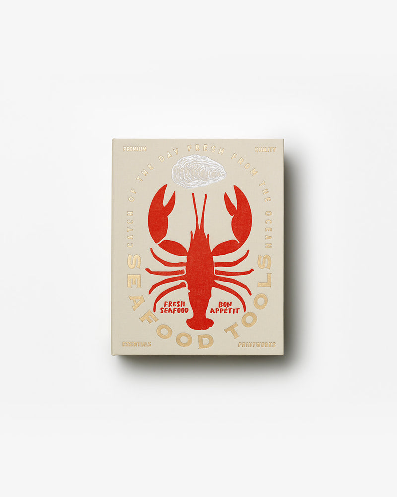 Beige Seafood Tools box with red lobster illustration by Printworks