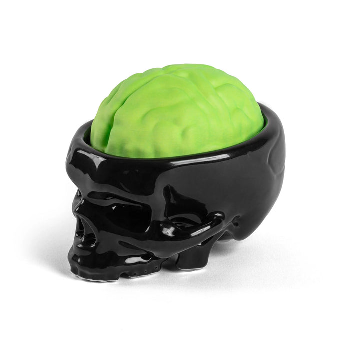Brain Wash black skull soap dish with neon green brain soap in place
