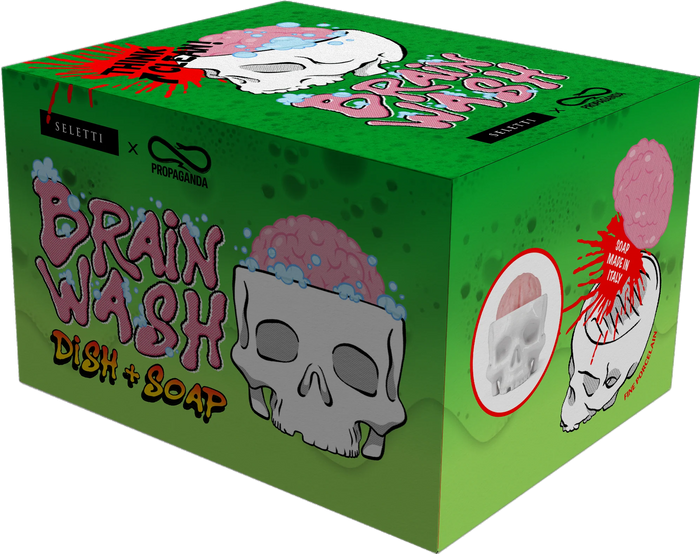 Seletti x Propaganda Brain Wash soap dish gift box in green with skull graphic
